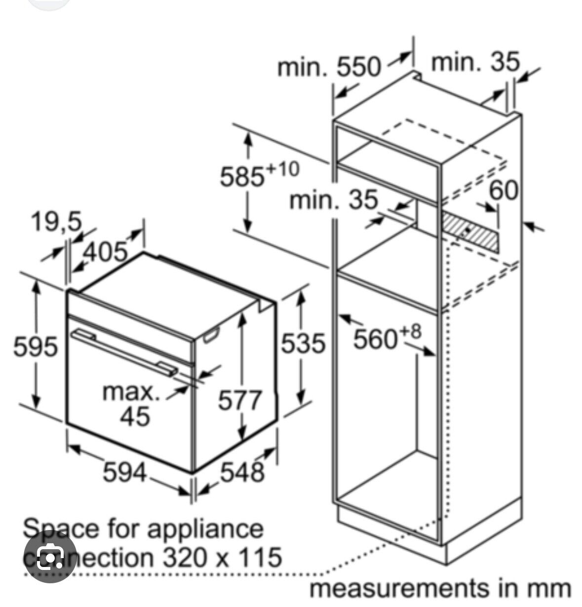 Bosch HBS534BB0B Electric Single Built In Oven in Black dimensions diagram