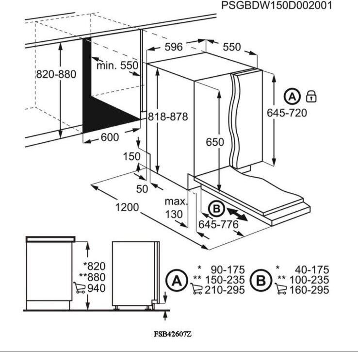 AEG FSB42607Z 3000 Air Dry Fully Integrated Built In Dishwasher - Black Control Panel with Sliding Door Fixing Kit. fitting diagram