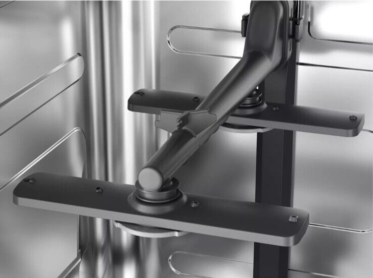 AEG FSX51407Z Series 5000 AirDry 45cm Integrated Slimline Dishwasher with Black Control Panel, F Rated from HomeWise Appliances. Stock photo showing dual sprinkler spray arm.