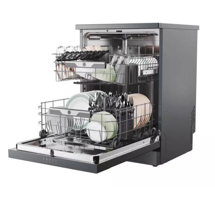 Hoover HF4C7L0A 60cm Super Silent 14 Place Settings Freestanding Dishwasher stock photo angled door open loaded