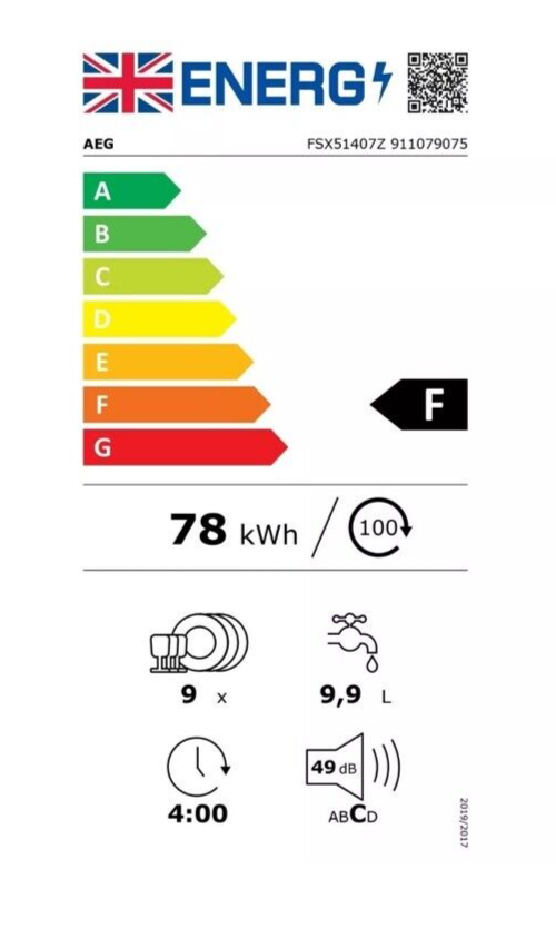 AEG FSX51407Z Series 5000 AirDry 45cm Integrated Slimline Dishwasher with Black Control Panel, F Rated from HomeWise Appliances. Stock photo showing energy efficiency label.