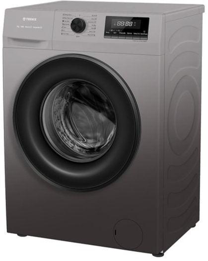 Teknix TKW8142HS 8KG 1400Spin Family Sized Washing Machine in Titanium with Inverter Motor Angled Photo