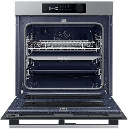 Samsung NV7B5755SAS Flexible Dual Cook Built-in Smart Single Oven with Pyrolytic Self Cleaning and Air Fry in Stainless Steel - A+ Rated from HomeWise Appliances. Stock photo front of oven with whole door open showing interior cavity and contents