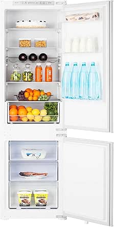 Teknix BITH70FF 70/30 Integrated Fridge Freezer with Total No Frost - 246 Litres - E Rated stock photo front with doors open and contents inside.