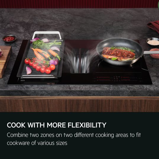 AEG Series 7000 NCH84C23AB 80cm Induction Hob with Venting Extraction and SenseFry® in Matt Black - A+ Rated. Stock photo graphic showing cook with more flexibility by combining two zones on different cooking areas to fit cookware of various sizes.
