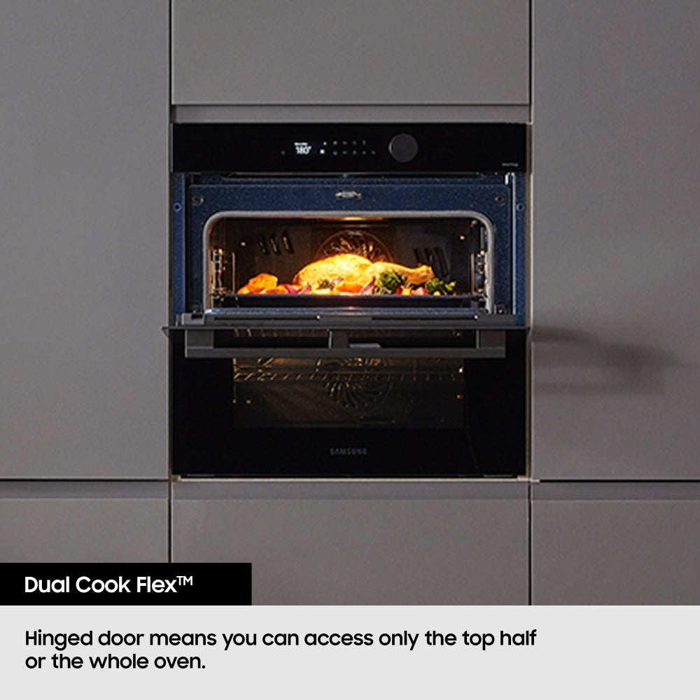 Samsung NV7B5755SAS Flexible Dual Cook Built-in Smart Single Oven with Pyrolytic Self Cleaning and Air Fry in Stainless Steel - A+ Rated from HomeWise Appliances. Graphic showing Dual Cook Flex Hinged Door.
