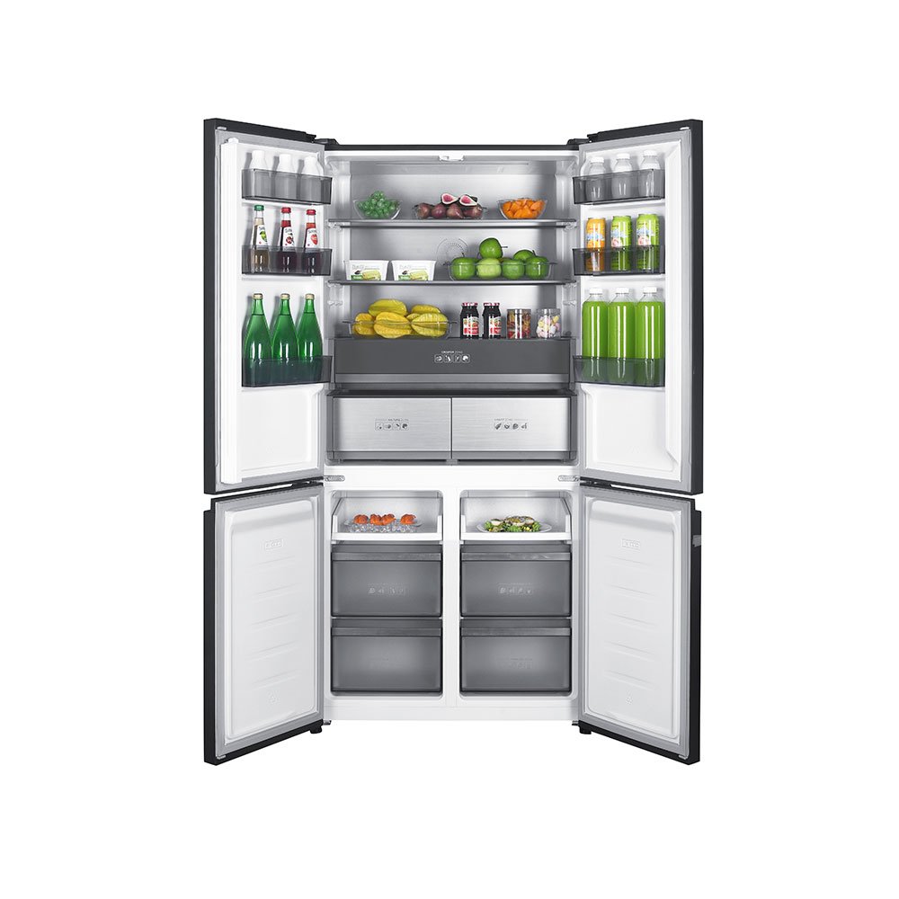 Teknix TMD19091SIBI 505 Litres Multi Door American Fridge Freezer in Dark Inox - E Rated Stock photo doors open with contents