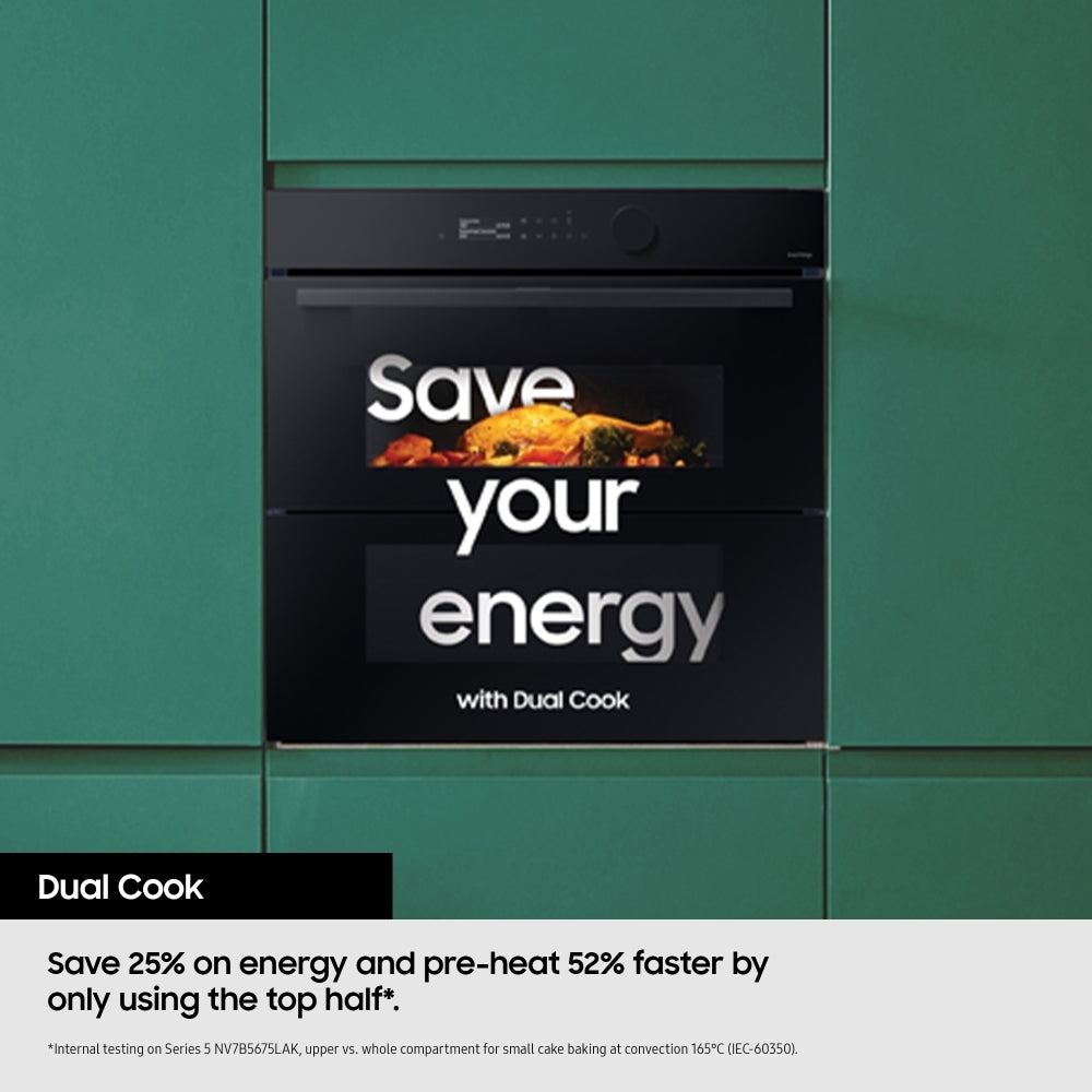 Samsung NV7B5755SAS Flexible Dual Cook Built-in Smart Single Oven with Pyrolytic Self Cleaning and Air Fry in Stainless Steel - A+ Rated from HomeWise Appliances. Graphic showing Dual Cook can save 25% energy by only using the top half.