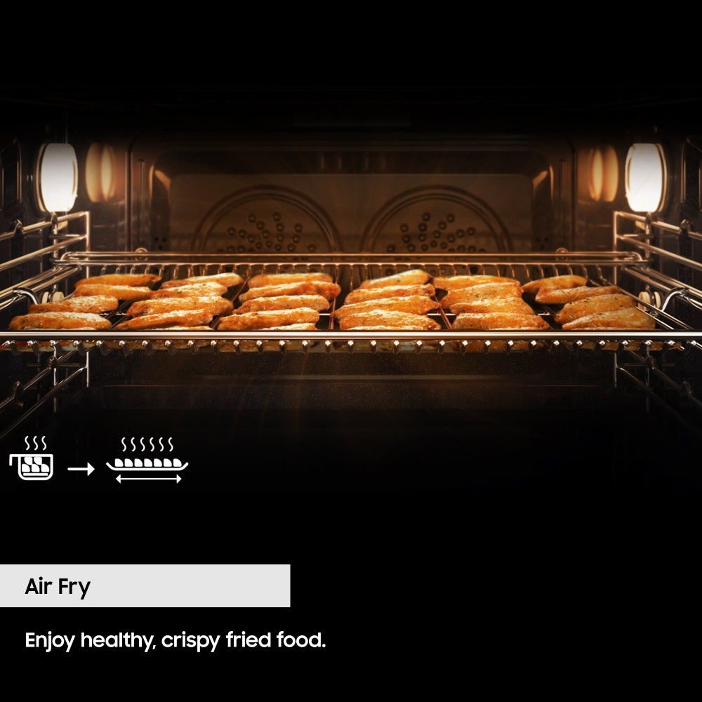 Samsung NV7B5755SAS Flexible Dual Cook Built-in Smart Single Oven with Pyrolytic Self Cleaning and Air Fry in Stainless Steel - A+ Rated from HomeWise Appliances. Graphic showing enjoy healthy, crispy fried food with Air Fry technology.
