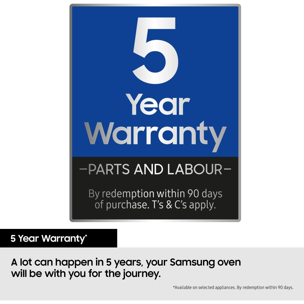 Samsung NV7B5755SAS Flexible Dual Cook Built-in Smart Single Oven with Pyrolytic Self Cleaning and Air Fry in Stainless Steel - A+ Rated from HomeWise Appliances. Graphic showing 5 Year Warranty subject to terms and registration.