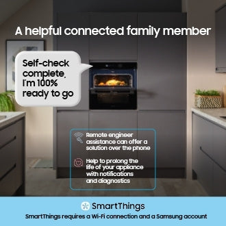 Samsung NV7B5755SAS Flexible Dual Cook Built-in Smart Single Oven with Pyrolytic Self Cleaning and Air Fry in Stainless Steel - A+ Rated from HomeWise Appliances. Graphic showing SmartThings Connection.
