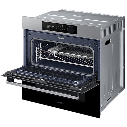 Samsung NV7B5755SAS Flexible Dual Cook Built-in Smart Single Oven with Pyrolytic Self Cleaning and Air Fry in Stainless Steel - A+ Rated from HomeWise Appliances. Stock angled photo front of oven with top half open
