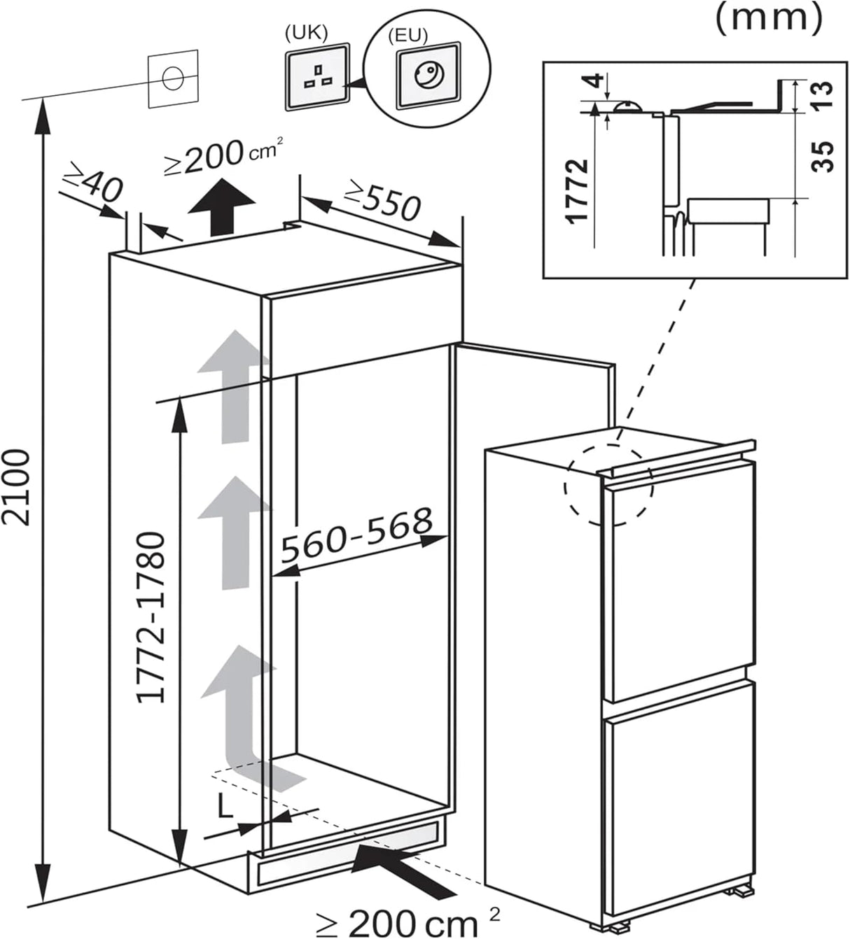 Teknix BITH50FF/E 50/50 Integrated Fridge Freezer with Total No Frost - 233 Litres - E Rated Stock Photo fitting dimensions diagram