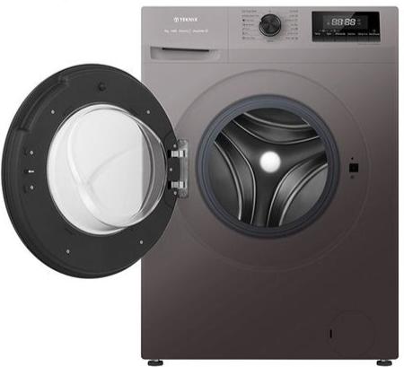 Teknix TKW8142HS 8KG 1400Spin Family Sized Washing Machine in Titanium with Inverter Motor Door Open