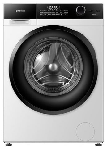 White washing machine with black door on a white background