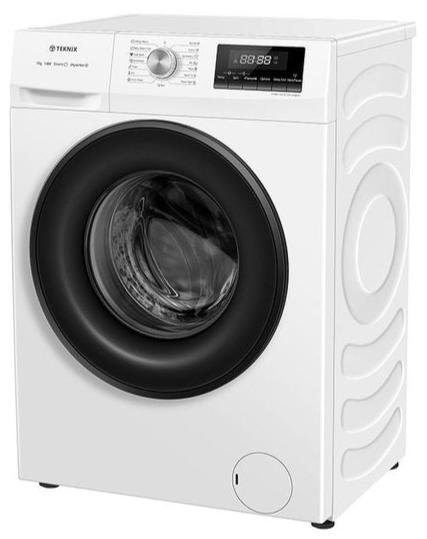 Teknix TKW8142HW 8KG 1400Spin Family Sized Washing Machine in White with Inverter Motor Angled