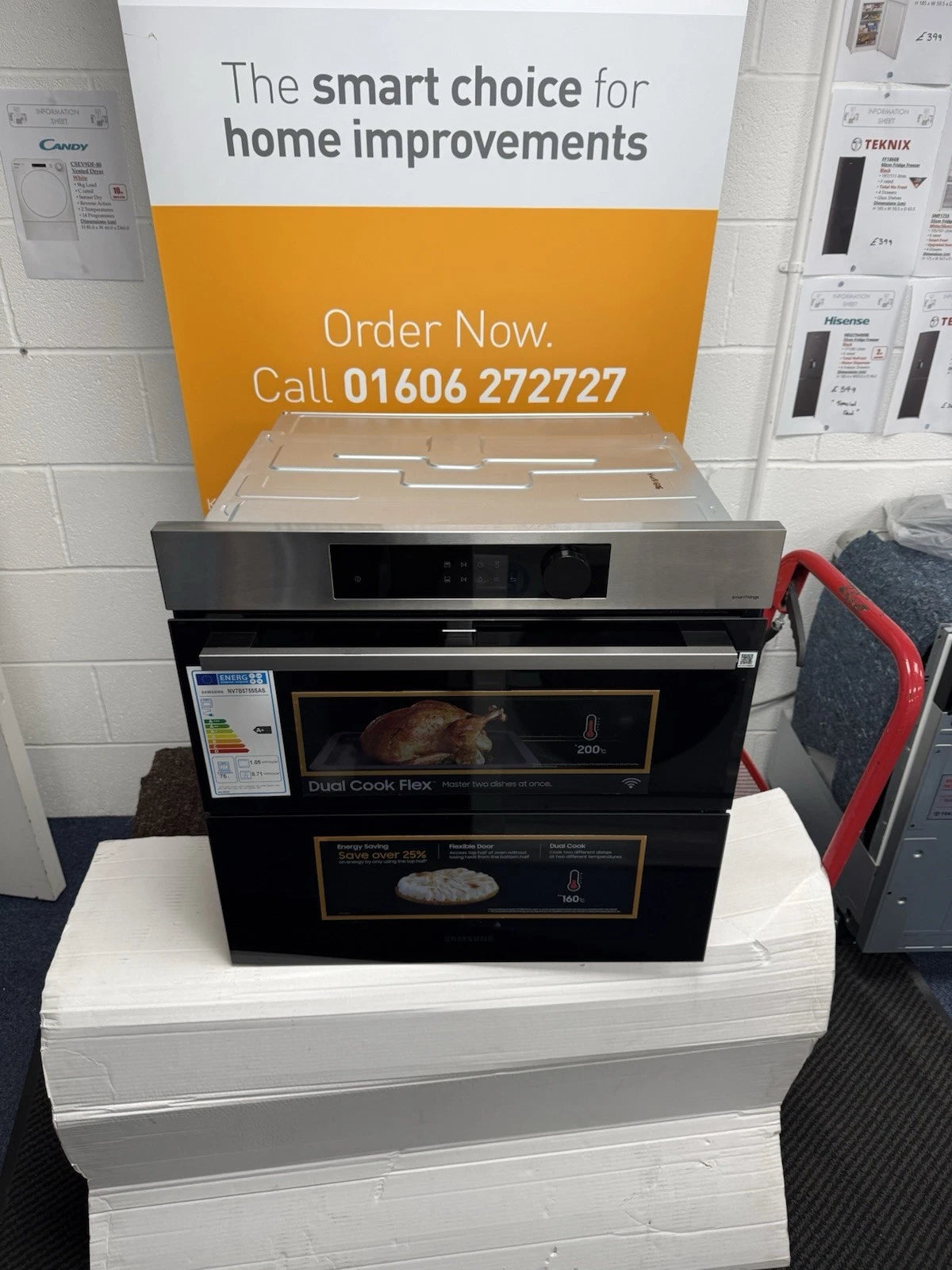 Samsung NV7B5755SAS Flexible Dual Cook Built-in Smart Single Oven with Pyrolytic Self Cleaning and Air Fry in Stainless Steel - A+ Rated from HomeWise Appliances. Shop photo of front of the oven with Dual Cook branding. in front of a call to action sales banner. Order Now Call 01606 272727