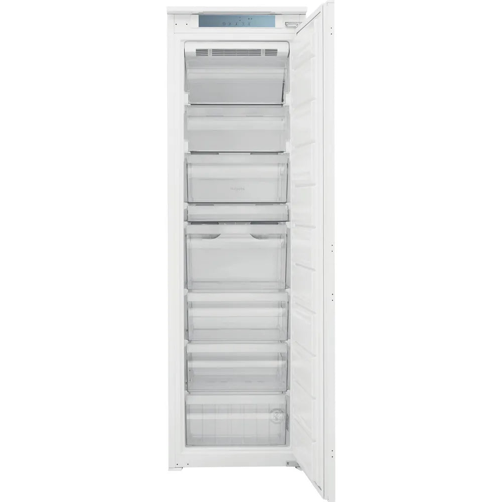 Hotpoint HTSD18F013H1 209 Litre Tall Built-In Freezer with No Frost - E Rated from HomeWise Appliances. Stock photo from front with door open showing the 8 compartments.