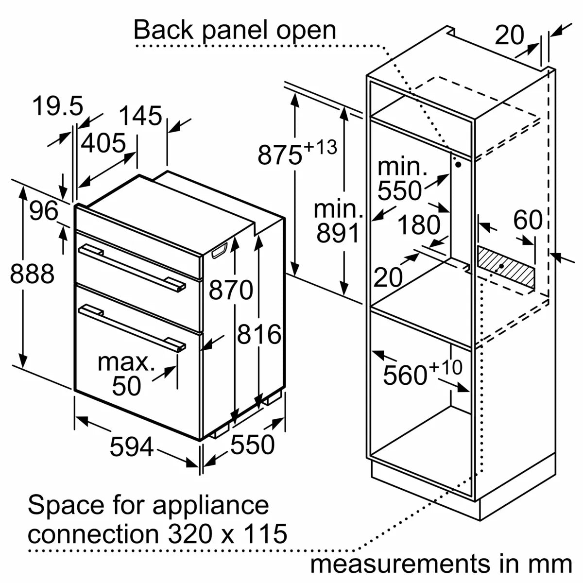 Neff N50 U1ACE2AN3B Built-in Electric Double Oven in Stainless Steel - A/B Rated by HomeWise Appliances. Stock photo showing dimensions when fitted in a eye level kitchen cabinet.