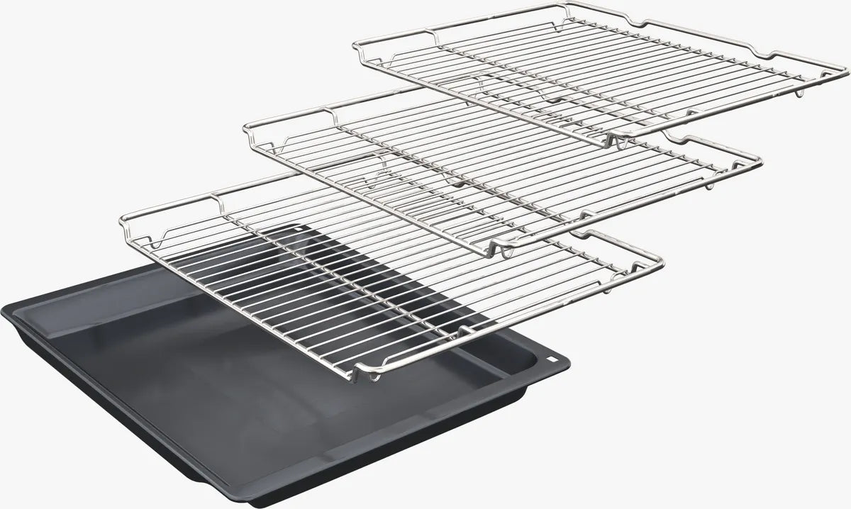 Neff N50 U1ACE2AN3B Built-in Electric Double Oven in Stainless Steel - A/B Rated by HomeWise Appliances. Stock photo showing 3 wire sheles and tray supplied.