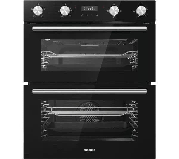 Hisense BID75211BGUK (78) Built-Under Electric Double Oven in Black - A/A Rated - HW181678 stock photo showing LED clock display and controls