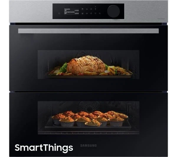 Samsung NV7B5755SAS Flexible Dual Cook Built-in Smart Single Oven with Pyrolytic Self Cleaning and Air Fry in Stainless Steel - A+ Rated from HomeWise Appliances. Stock photo showing oven cooking on dual levels.