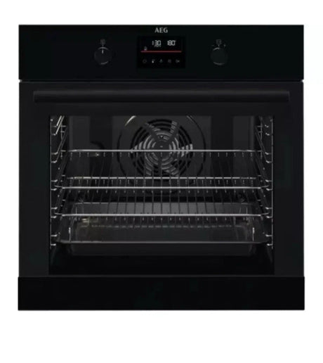 AEG BPK355061B (20) Electric Built-In Single Oven with Pyrolytic Self Cleaning in Black - A+ Rated from HomeWise Appliances. Stock photo front of oven.