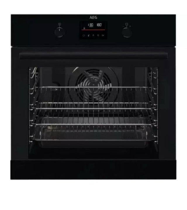 AEG BPK355061B (20) Electric Built-In Single Oven with Pyrolytic Self Cleaning in Black - A+ Rated from HomeWise Appliances. Stock photo front of oven.