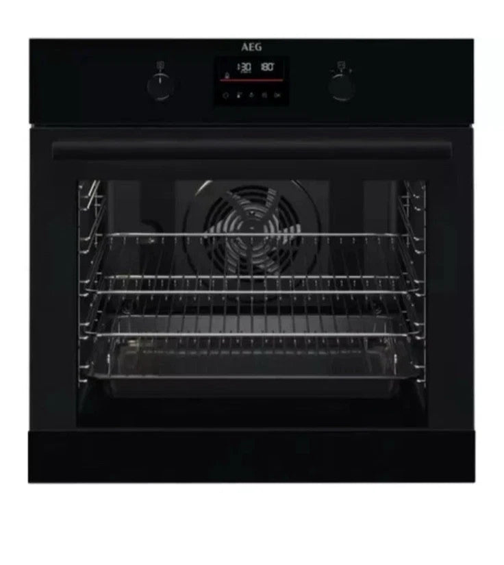AEG BPK355061B (20) Electric Built-In Single Oven with Pyrolytic Self Cleaning in Black - A+ Rated from HomeWise Appliances. Stock photo front of oven.