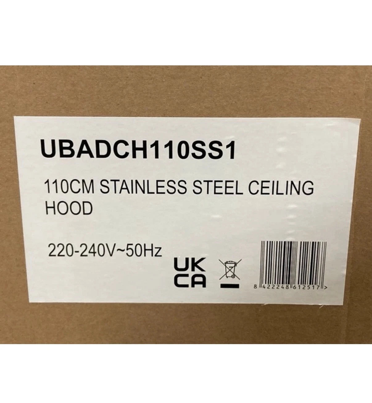 Cata UBADCH110SS1 110cm Island Ceiling Cooker Hood in Stainless Steel from HomeWise Appliances. Product label on the packaging.
