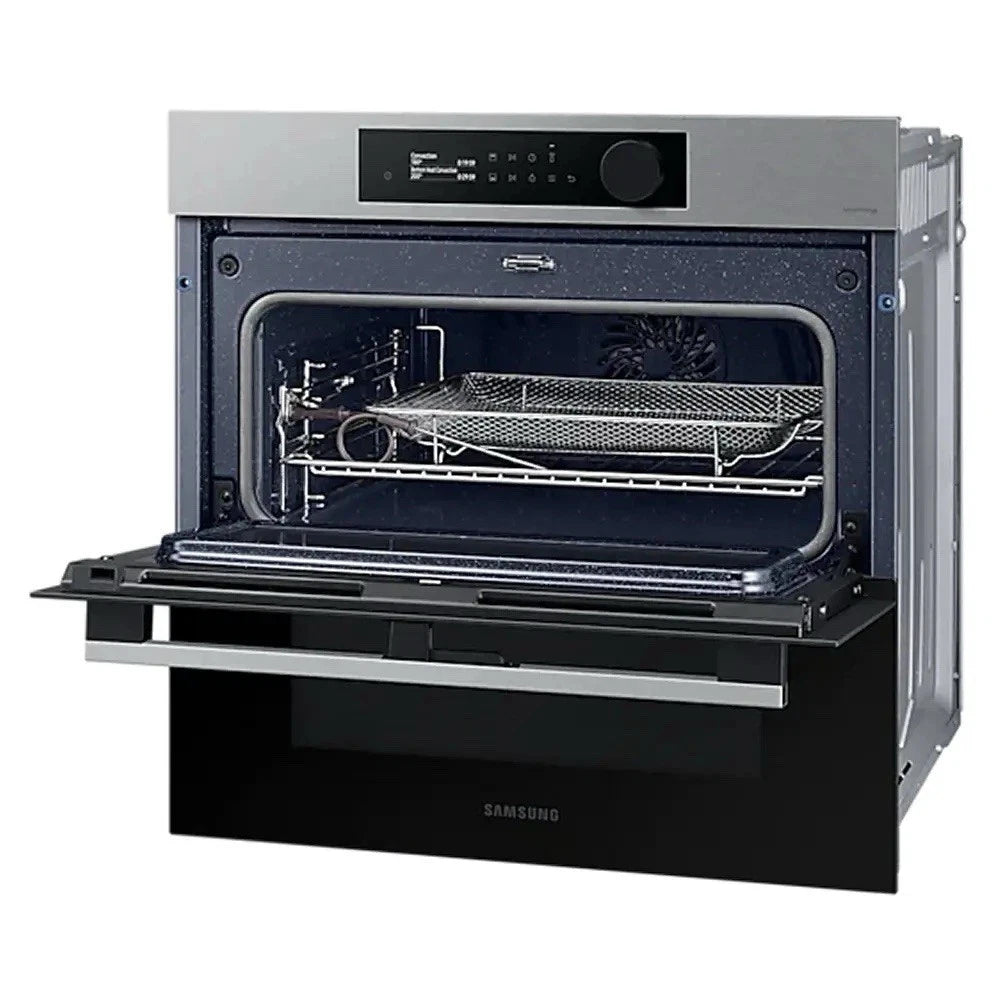 Samsung NV7B5755SAS Flexible Dual Cook Built-in Smart Single Oven with Pyrolytic Self Cleaning and Air Fry in Stainless Steel - A+ Rated from HomeWise Appliances. Stock photo front of oven with top half open