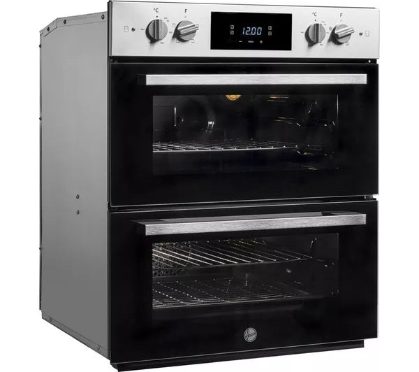 Hoover HO7DC3B308IN Electric Built-under Double Oven in Stainless Steel & Black - A/A Rated from HomeWise Appliances. Stock photo angled picture of the front of oven.