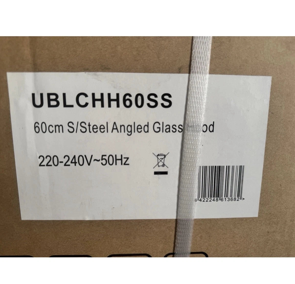 Cata UBLCHH60SS 60cm Angled Glass Cooker Hood in Stainless Steel and Black from HomeWise Appliances. Stock label on packaging.