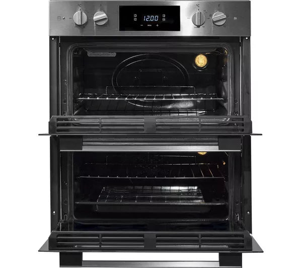 Hoover HO7DC3B308IN Electric Built-under Double Oven in Stainless Steel & Black - A/A Rated from HomeWise Appliances. Stock photo front of the oven with doors open.
