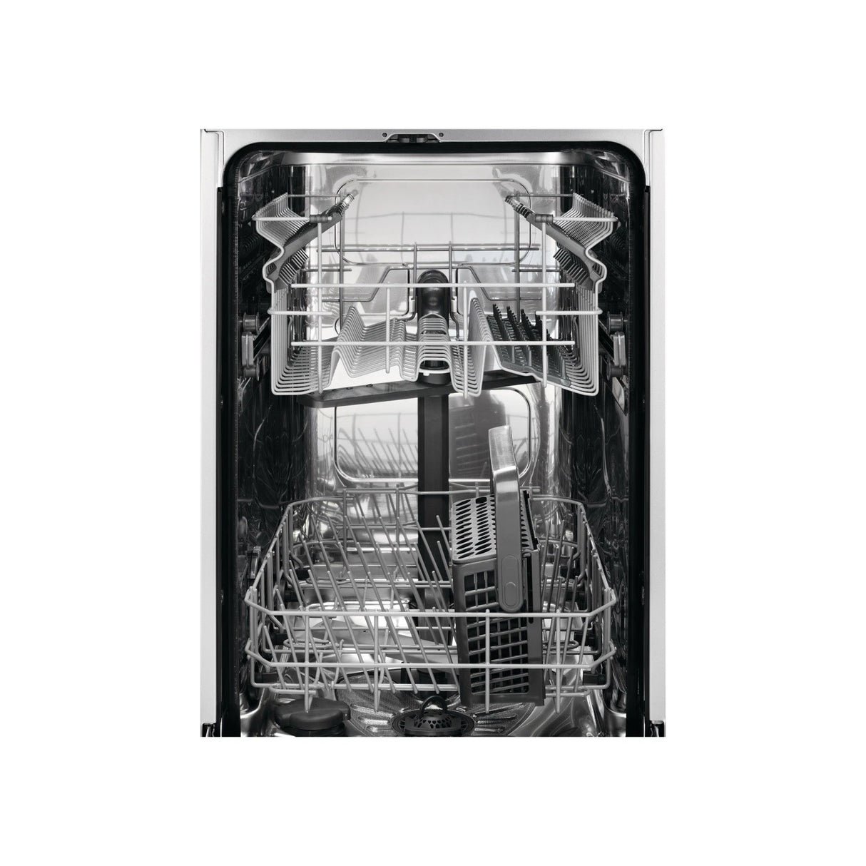 AEG FSX51407Z Series 5000 AirDry 45cm Integrated Slimline Dishwasher with Black Control Panel, F Rated from HomeWise Appliances. Stock photo showing internal empty baskets.