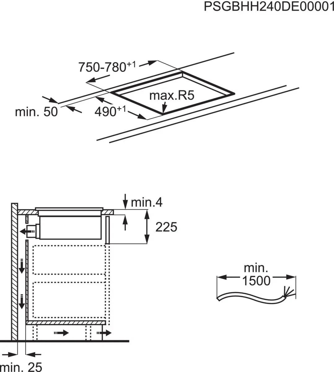 AEG Series 6000 TH84CB03FB 81cm Induction Hob with Venting Extraction in Black - A+ Rated - HW181702-03 from HomeWise Appliances. Stock Photo showing installation dimensions.