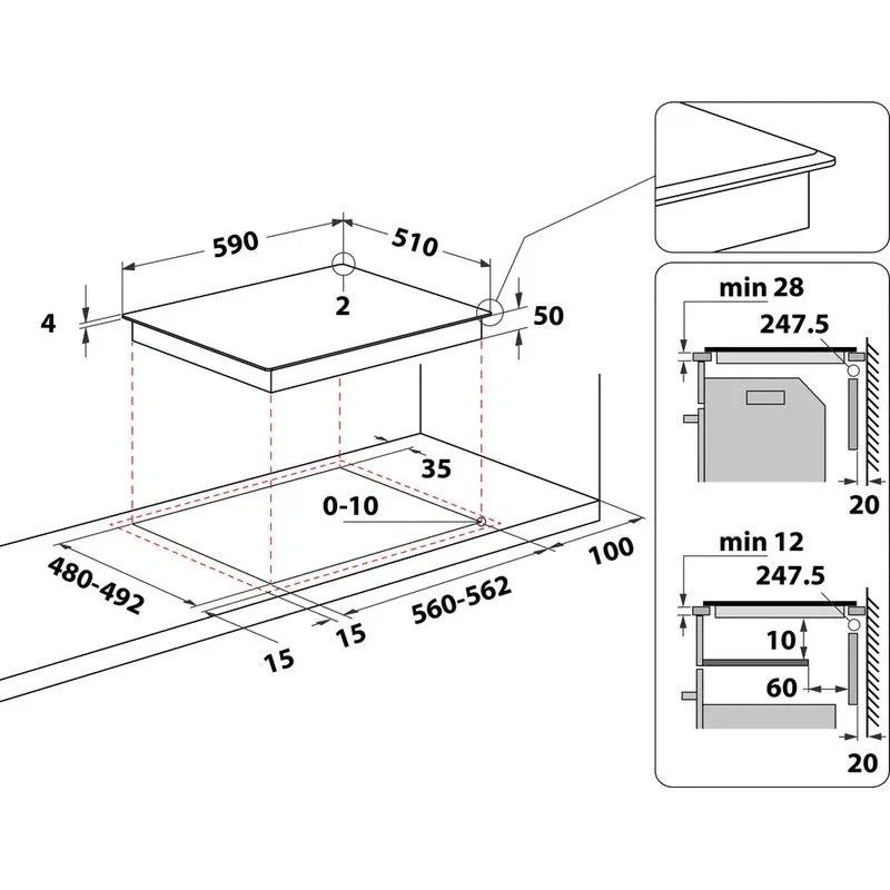 Hotpoint TB 2560C CPBF 59cm 4 Zone Induction Hob in Black installation diagrams with sizes