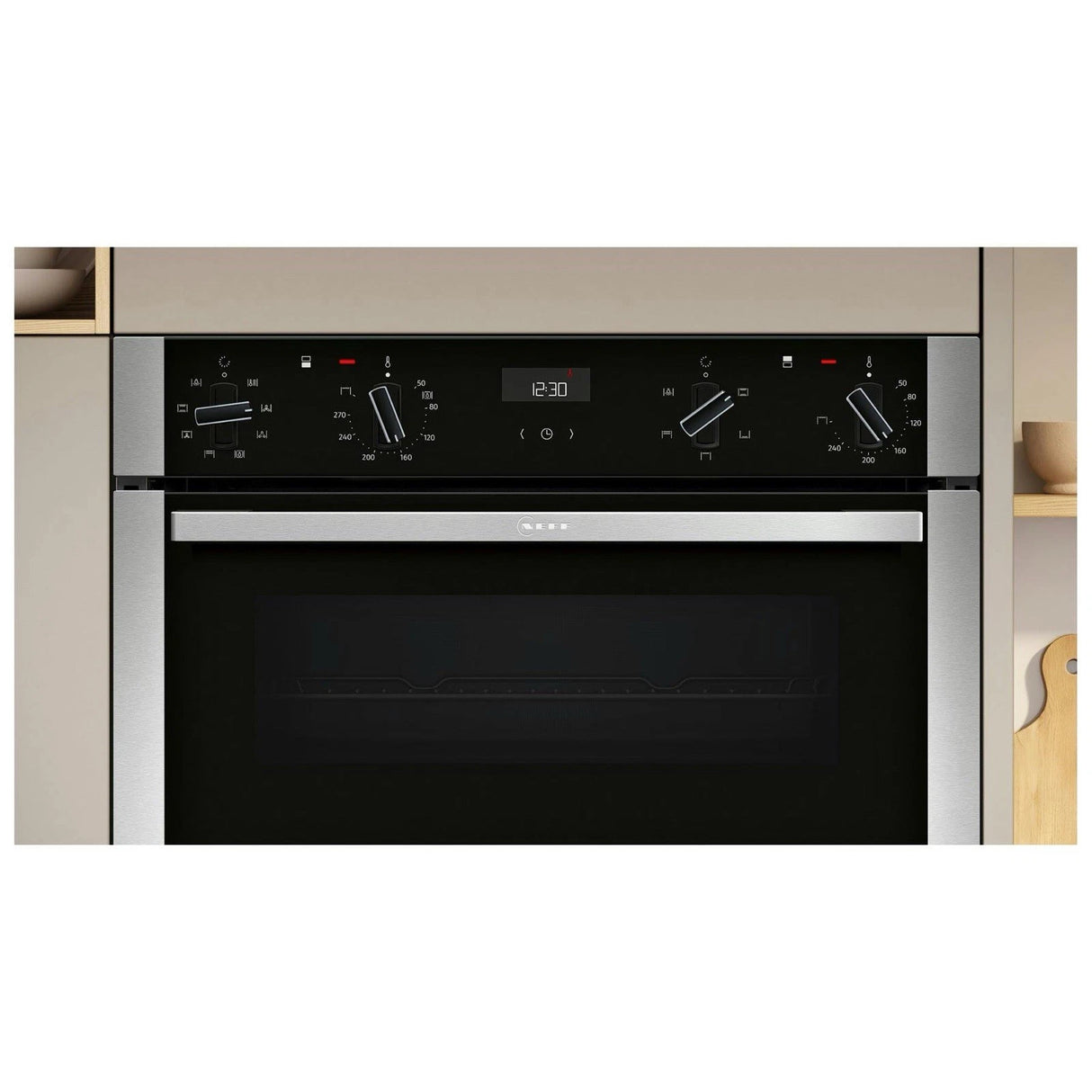 Neff N50 U1ACE2AN3B Built-in Electric Double Oven in Stainless Steel - A/B Rated by HomeWise Appliances. Stock photo showing control panel.