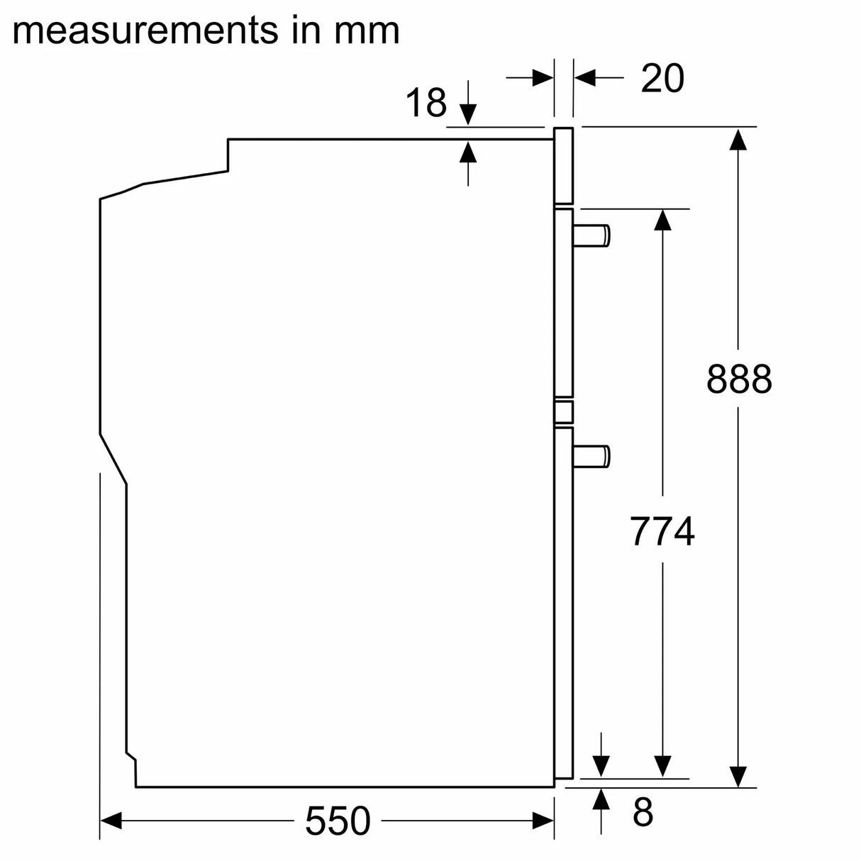 Neff N50 U1ACE2AN3B Built-in Electric Double Oven in Stainless Steel - A/B Rated by HomeWise Appliances. Stock photo showing dimensions of the oven.