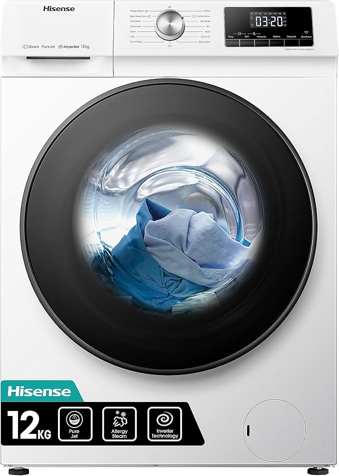 Hisense WFQA1214EVJM 12KG 1400 Spin Steam Wash Washing Machine in White - A Rated - POHW0090