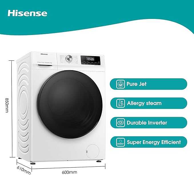 Hisense WFQA1214EVJM 12KG 1400 Spin Steam Wash Washing Machine in White - A Rated - POHW0090