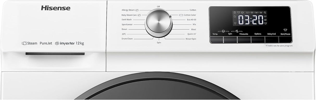 Hisense WFQA1214EVJM 12KG 1400 Spin Steam Wash Washing Machine in White - A Rated - POHW0090
