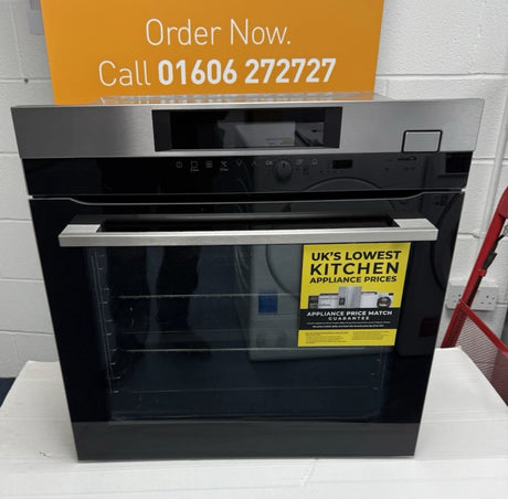 AEG 7000 BSK774320M SteamCrisp Built-In Single Oven with Pyrolytic Self Cleaning in Stainless Steel - A+ Rated (Blemished) Showroom photo front with door closed and sales banner