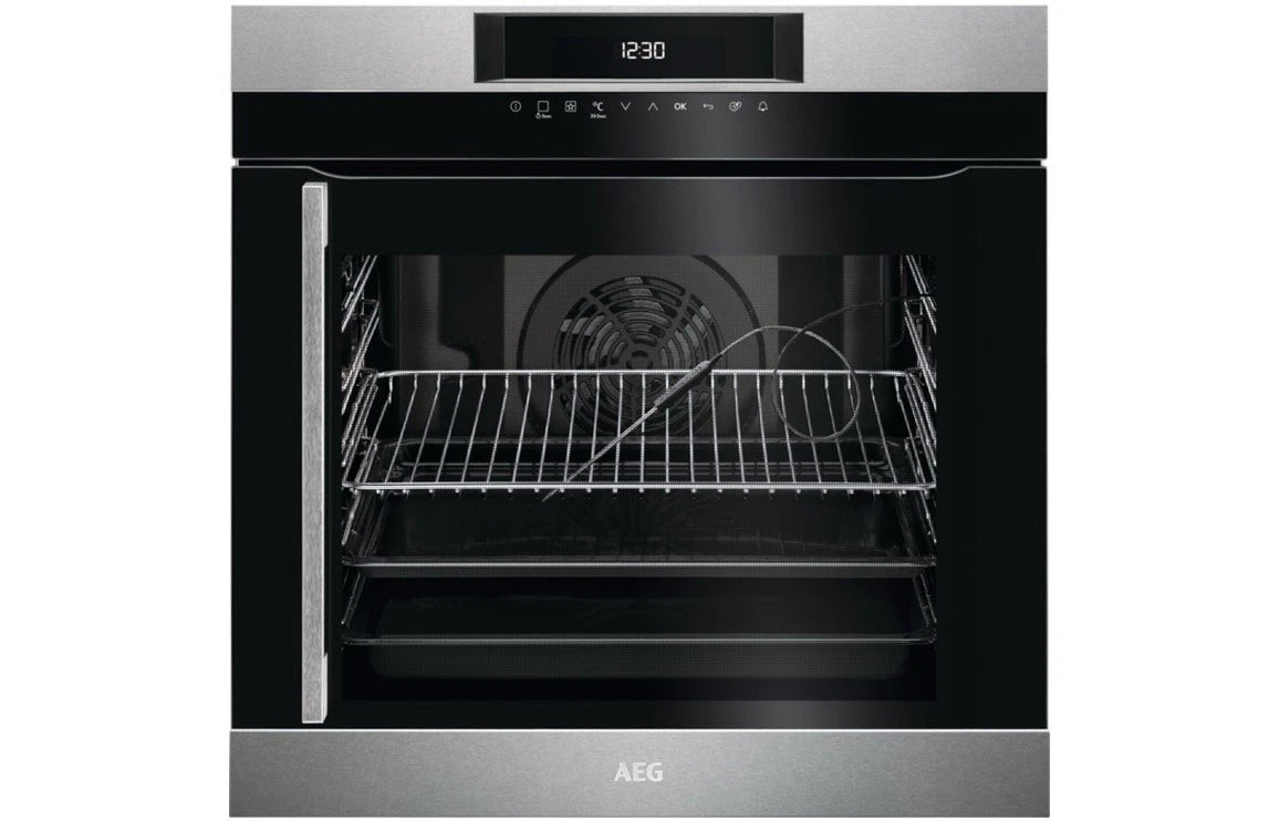 AEG BPK744R21M Built-In Single Oven with Right Side Opening Door Pyrolytic Self Cleaning in Stainless Steel - A+ Rated stock photo front of oven