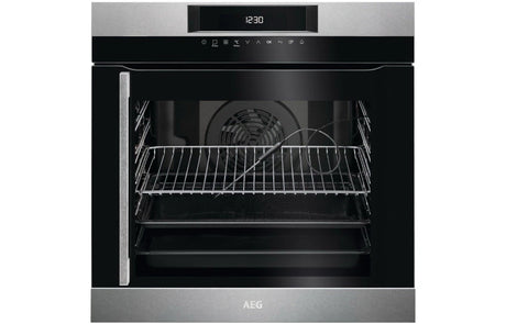 AEG BPK744R21M Built-In Single Oven with Right Side Opening Door Pyrolytic Self Cleaning in Stainless Steel - A+ Rated stock photo front of oven