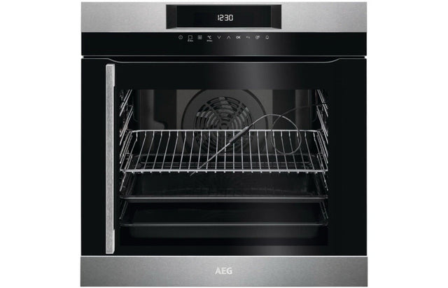 AEG BPK744R21M Built-In Single Oven with Right Side Opening Door Pyrolytic Self Cleaning in Stainless Steel - A+ Rated stock photo front of oven