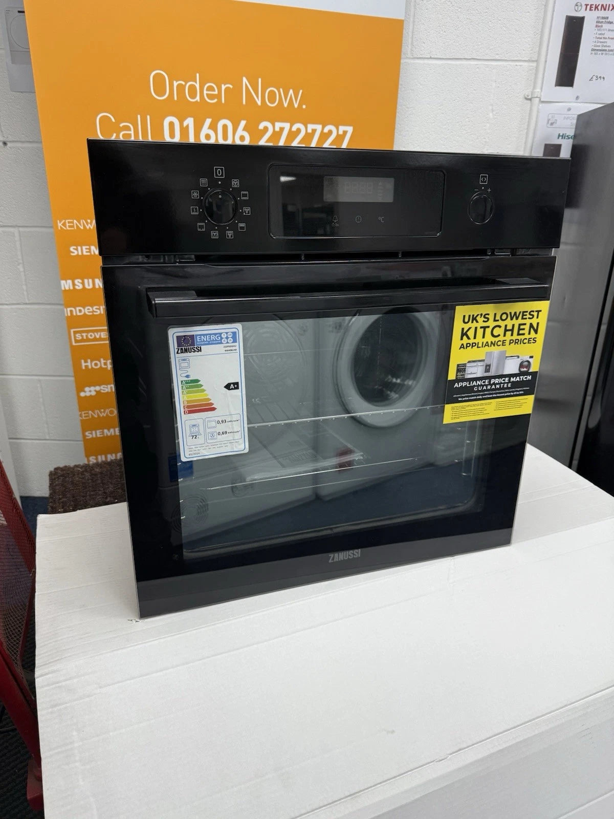 Zanussi ZOPNX6K2 Electric Single Oven with Pyrolytic Self Cleaning in Black - A+ Rated Showroom Photo slightly angled front with door closed
