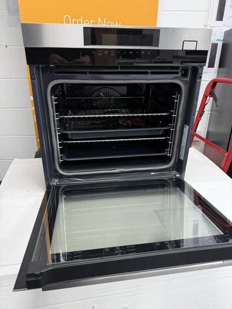 AEG 7000 BSK774320M SteamCrisp Built-In Single Oven with Pyrolytic Self Cleaning in Stainless Steel - A+ Rated (Blemished) Showroom photo front with door open