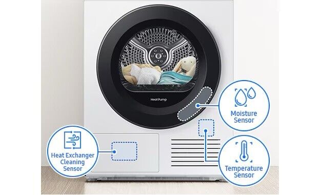 Samsung DV90BBA245AW 9kg Series 5+ OptimalDry Heat Pump Tumble Dryer  - White - A+++ Rated  stock photo with sensor drying