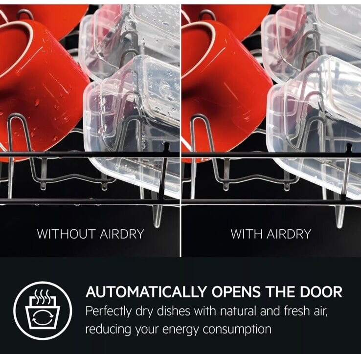 AEG FSX51407Z Series 5000 AirDry 45cm Integrated Slimline Dishwasher with Black Control Panel, F Rated from HomeWise Appliances. Stock photo graphic for the results of using AirDry.